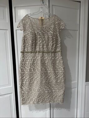 Mon Cheri Beige Lace Midi Dress with Metallic Waist Detail
